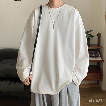 春秋季長袖T恤女寬鬆白色純棉打底衫內搭衣純白t圓領男女衕款代發