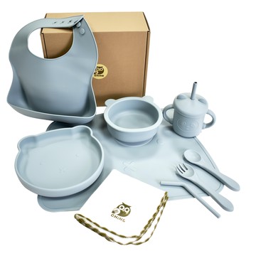 CHING-CHING 親親 兒童無毒矽膠餐具方巾組 (8件組) 台灣製 熊熊造型  1組  灰色