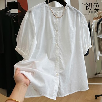 初色 法式純色薄款寬鬆單排釦圓領短袖五分袖泡泡袖襯衫T恤上衣女上衣-共2色-36503(M-2XL可選)