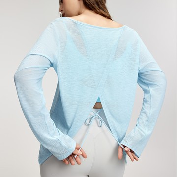 大碼竹節紗寬鬆開叉綁繩/瑜珈/運動/機能長袖