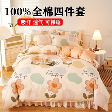 2025新款床裙式純棉四件套100全棉被套四季通用花邊全包床罩防滑