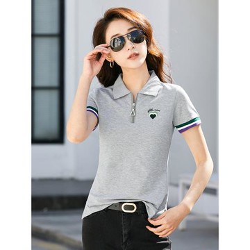 灰色翻領t恤女短袖夏季2025新款拉鏈休閑polo衫純棉有領體恤上衣