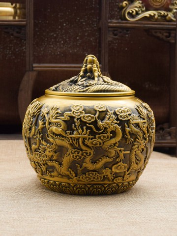 純黃銅九龍茶葉罐帶蓋罐家用客廳大號密封罐儲存罐辦公桌擺件裝飾