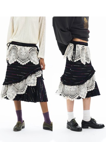 【蕾絲拼接】Ung系列古著女肌理感多層次提花百褶半裙Unvesno(UN)