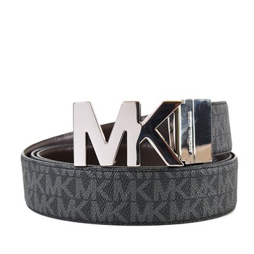 MICHAEL KORS 男款 銀字MK緹花LOGO防刮雙面用窄版皮帶-黑咖啡色