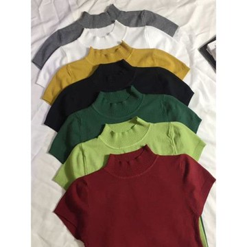 半高領針織打底衫女彈力短袖T恤上衣緊身短款純色單穿學生裝秋季