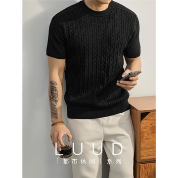 LUUD 男士都市潮流黑色針織T恤夏季時尚麻繩紋理上衣含羊毛短袖衫