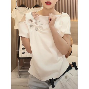 純欲風修身設計感時尚上衣2025夏季重工鑲鉆露肩短袖T恤掐腰上衣
