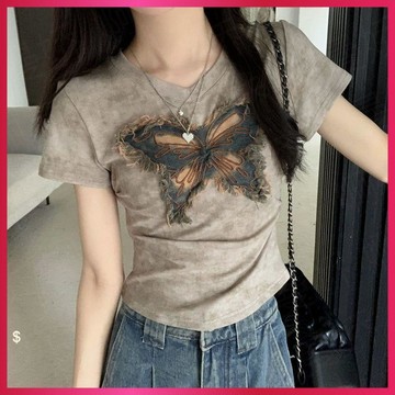 『ATC』 復古美式刺繡圖案 | 蝴蝶結t恤 | 刺繡短袖T恤 | 短版上衣 | 夏季女裝 | 設計感上衣  y2k上衣
