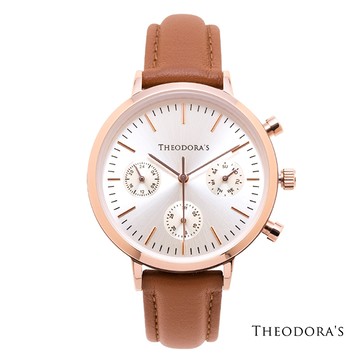(三眼白缺貨中，預計1月下旬到貨)【Theodora's】Apollo 中性三眼真皮腕錶[小錶面] 三眼白-真皮橘棕