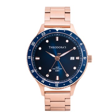 Aeon-緣 GMT兩地時區夜光潛水腕錶[小錶面] 深藍-鋼鍊帶玫金