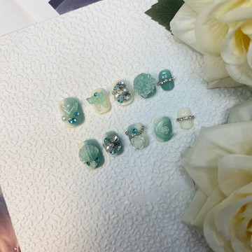 【滿300起送】春季純手工溫變穿戴甲綠色人魚貝殼手工甲片小眾短款美甲