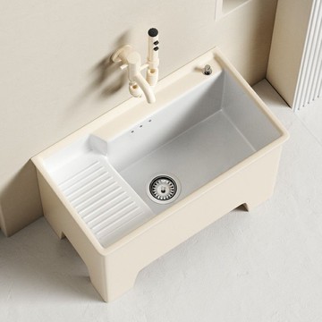 奶油風家用搓衣板拖把池陽臺衛生間一體陶瓷拖布池墩布池落地槽池 b8031