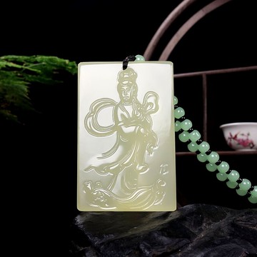天然和田玉吊墜白玉觀音玉牌嫦娥奔月玉牌項鏈掛件男女款