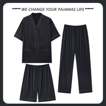 2025年男士睡衣冰絲夏季三件套裝短袖薄款絲綢家居服爸爸春秋休閑