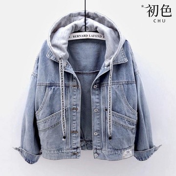 初色 休閒短款拼接連帽翻領大口袋牛仔夾克外套-淺藍色-30938(M-2XL可選)