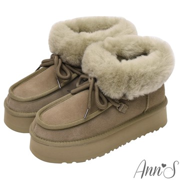 Ann’S防潑水鍍膜-真皮真羊毛低筒翻毛綁帶增高厚底雪靴4.5cm-綠(版型偏小)