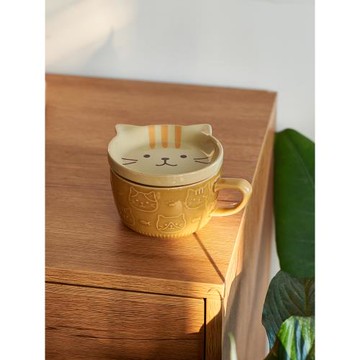 肆月早餐杯燕麥杯日系可愛貓咪馬克杯牛奶杯帶蓋女生陶瓷咖啡杯子