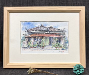 沖繩小食堂/手繪原創淡彩畫/作品含木框32×24公分