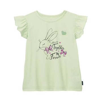 日本千趣會 - 純棉甜美荷葉短袖上衣-蝴蝶結兔兔-淺綠