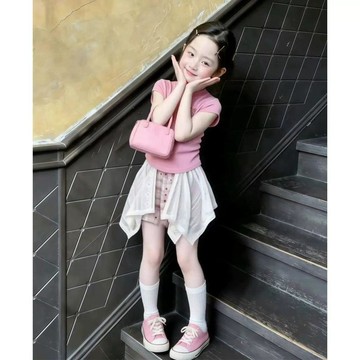 熱銷狂賣類 女童兩件套裝 多巴胺穿搭 甜美風 T恤+網紗裙褲 夏季薄款 粉色