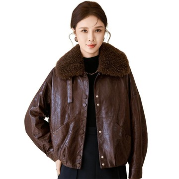【紐約精品】 現貨+預購 真羊皮羊毛領皮衣秋冬外套寬鬆休閒女裝-翻領機車夾克女外套n1ml38