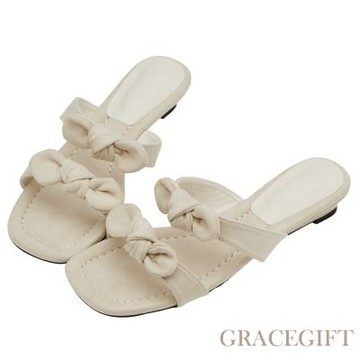 【Grace Gift】日系漫步雙蝴蝶結楔型低跟拖鞋 杏