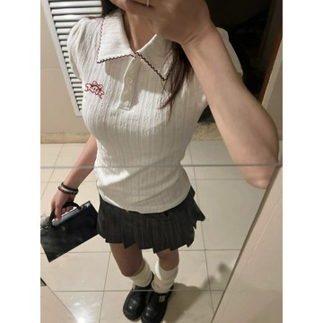 【PRPN】短款上衣 美式上衣 Polo領短袖 學院風上衣 刺繡上衣 女生背心 運動上衣 歐美上衣 閨蜜裝 ins風衣服