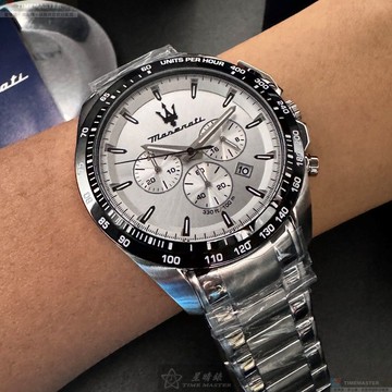 [星晴錶業]MASERATI手錶,46mm,R8873612049白色錶面黑錶殼銀色精鋼錶帶款