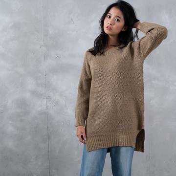 O-LIWAY 台灣製(MIT) 輕刷毛鬆餅紋長版開岔毛衣