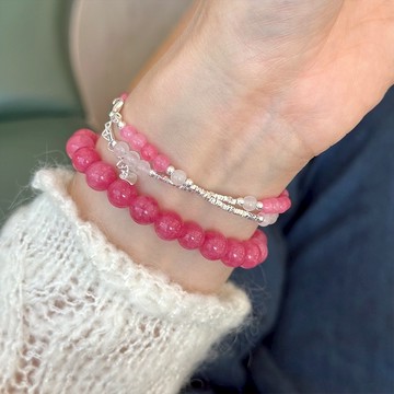 [December 台灣現貨]手鏈 手鍊 紅紋石手鏈 925純銀手鏈 手工手串 兩條一套疊戴碧璽碎銀子手鍊 粉色水晶手鍊