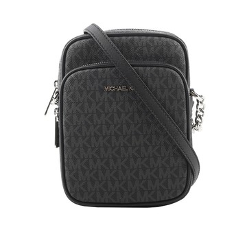 Michael Kors 銀字滿版塗層帆布拉鍊中款直式斜背包/黑色