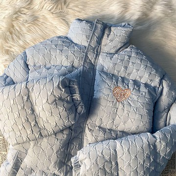 淺藍華夫格棉服女新款冬季ins爆款小個子甜美加厚棉衣外套