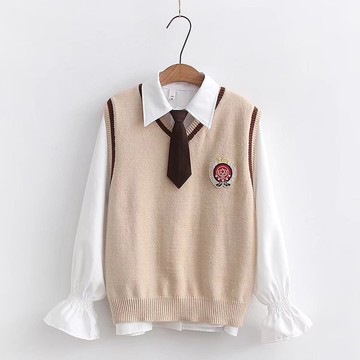 毛衣馬甲套裝女學院風洋氣減齡套頭V領針織衫背心+白色襯衫2件套