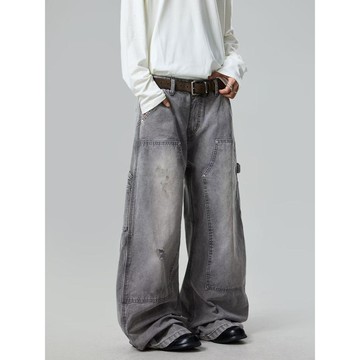 美式復古解構水洗彎刀牛仔褲男微喇叭寬鬆休閒直筒闊腿長褲