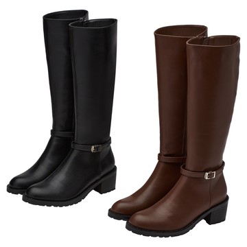 【Grace Gift】長靴 女鞋 靴子【經典剪裁2WAY皮帶釦中跟長靴】2色 35-41號 韓系 顯瘦靴