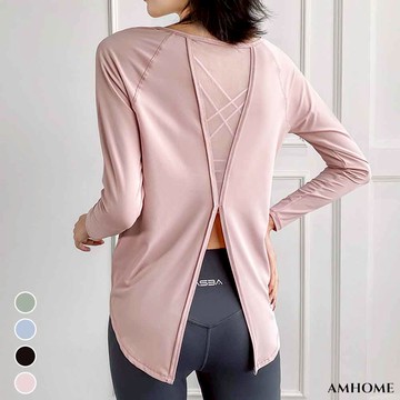 【Amhome】造型網紗拼接瑜伽訓練運動跑步t恤長袖上衣# 110569(現貨+預購)