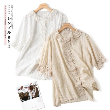 凜美日系夏季新款純棉刺繡短袖襯衫復古甜美寬松休閑森女文藝上衣