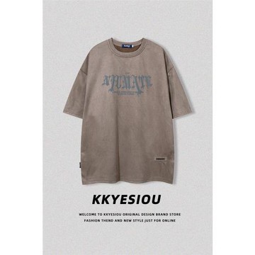 KKyesiou麂皮絨潮牌設計感字母印花短袖T恤男女oversize高街上衣