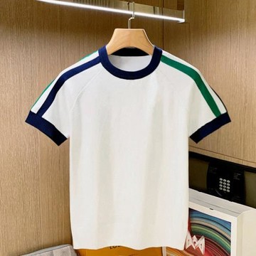 夏季新款潮流拼色條紋修身t恤男 休閑運動風白色針織上衣男士短袖