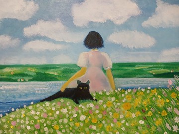 油畫畫布 尺寸 40x30 公分 花田山丘上的黑貓女孩