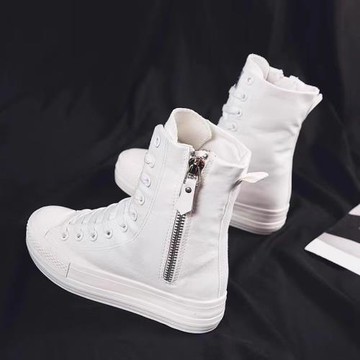 休閑高幫帆布鞋女側拉鏈內增高邦板鞋子中筒靴短白全黑色秋冬加絨