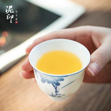 泥印功夫泡茶品茗杯手繪青花白瓷陶瓷家用辦公茶臺喝茶小茶杯單個