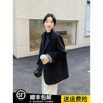 黑色顯瘦氣質白鴨絨羽絨呢子外套女冬新款小個子加厚短款西裝毛呢