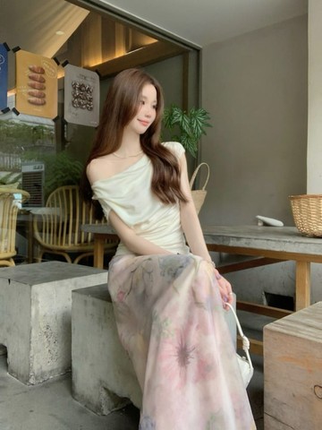 【missy shop】戀花之情印花雙層罩紗長裙-17431