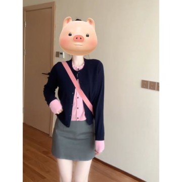 藏藍色假兩件修身打底衫開衫毛衣女秋冬開春韓系穿搭短款針織上衣