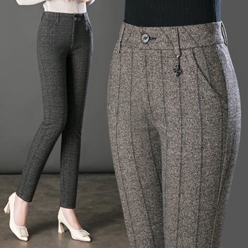 秋季新款中年女褲格子條紋中老年人媽媽大碼高腰顯瘦直筒休閑長褲