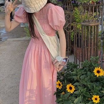 2022夏季新款法式粉色泡泡袖收腰連衣裙初戀裙森系小清新甜美長裙