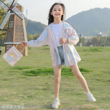 【120-170碼】夏季女童长款彩虹防晒衣 女童冰絲防曬外套女童薄款外套兒童連帽外套女童連帽防曬衣凉感防晒外套兒童防曬衣