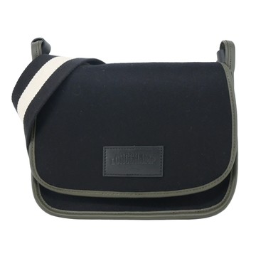 LONGCHAMP LE FOULONNÉ系列氈製羊毛寬背帶翻蓋斜背包(中/黑)